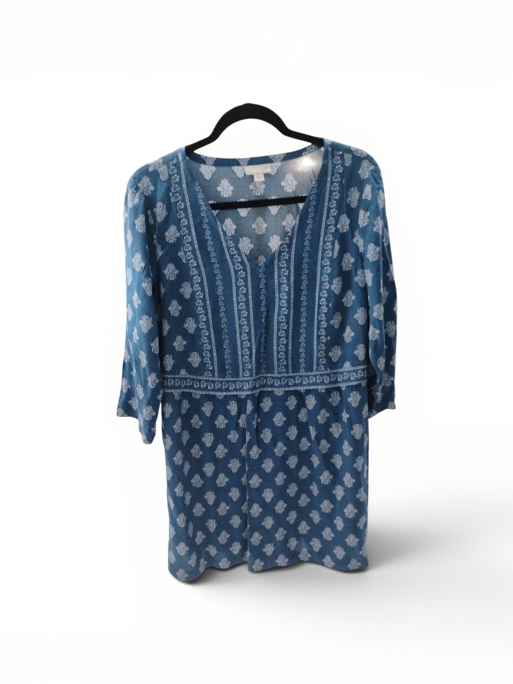 J. Jill Blue Printed V-Neck Tunic with Embroidered Trim
